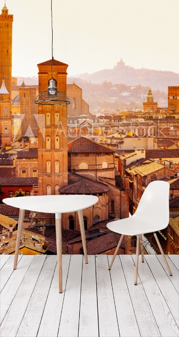 Picture of Bologna cityscape with towers and buildings San Luca Hill in background